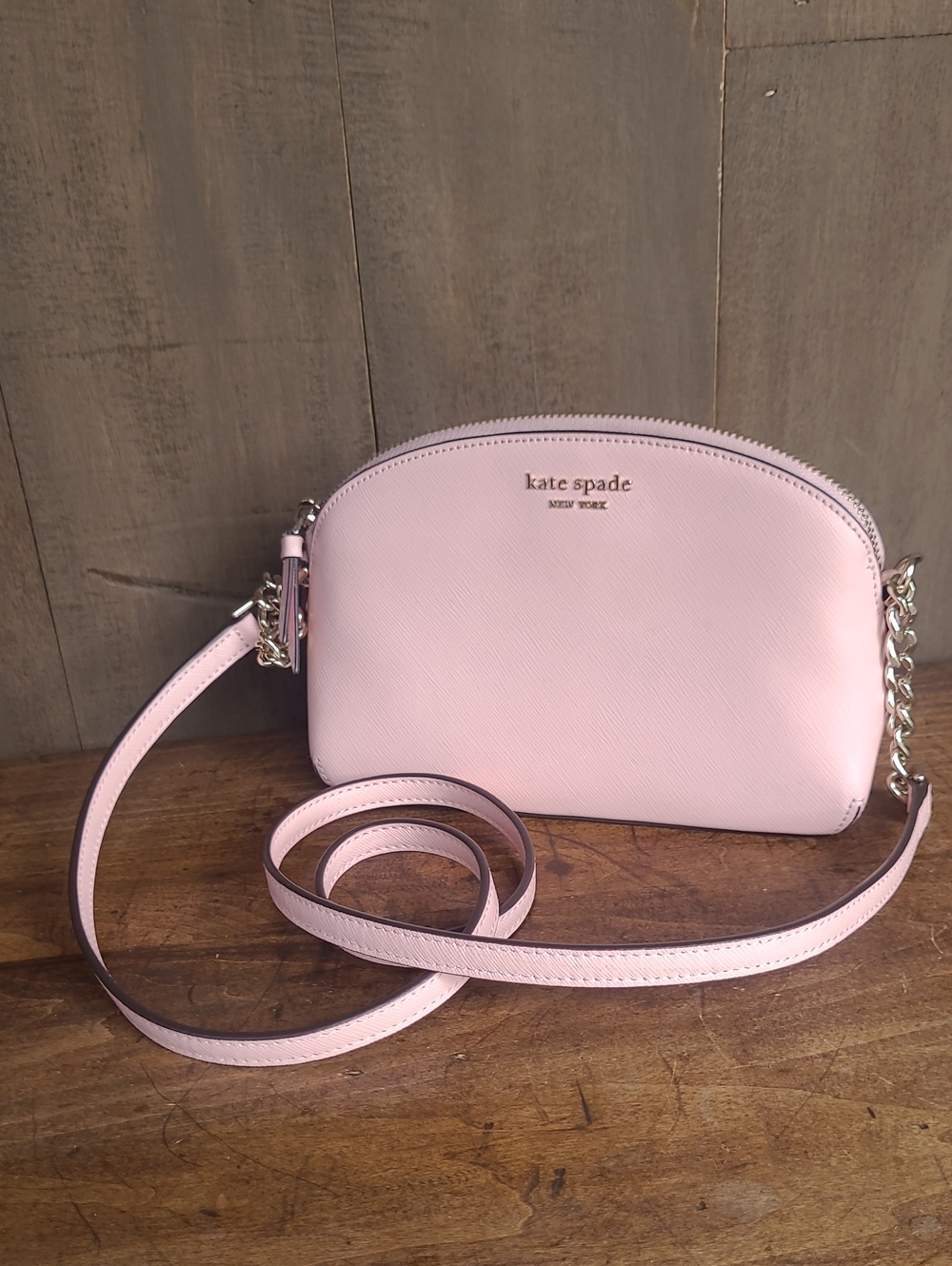kate spade Pale Pink Saffiano Leather Hilli Dome Crossbody Bag w/Gold Chain